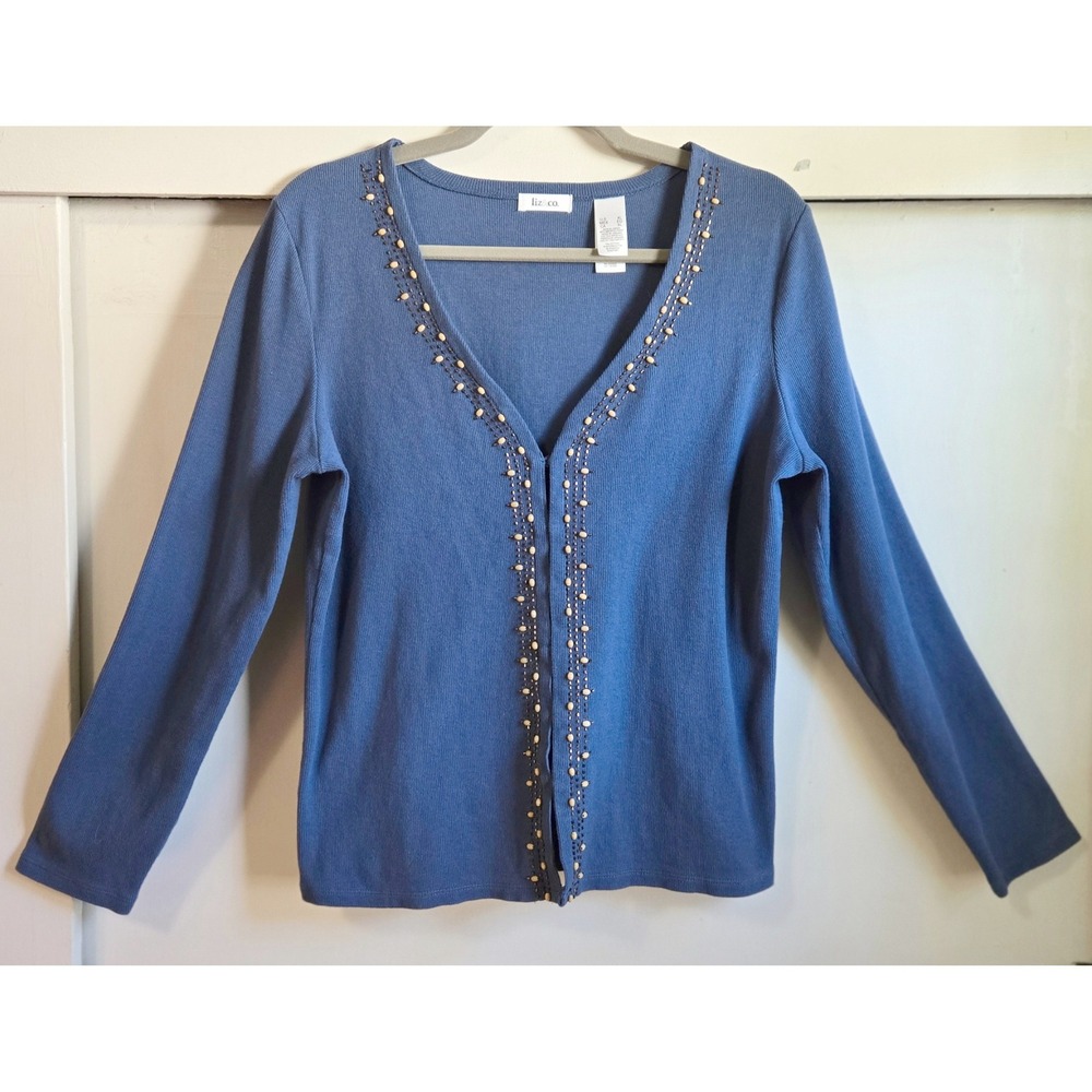 Liz & Co Womens XL Boho Chic Blue Violet Ribbed Knit Beaded V-Neck  Sweater NWOT